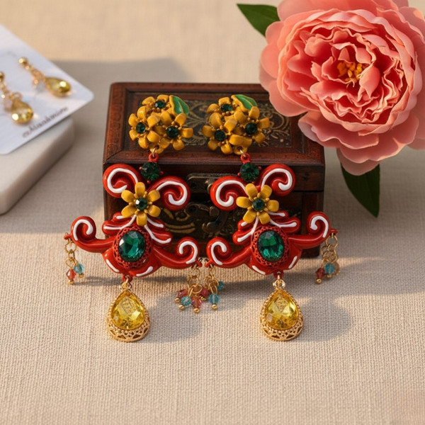 Модерни обеци с цветя, цветни камъни и основа с червен елемент от изтока А42