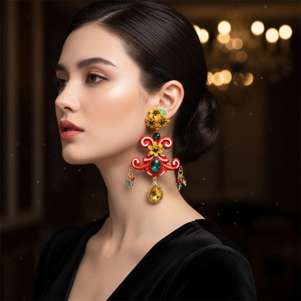 Модерни обеци с цветя, цветни камъни и основа с червен елемент от изтока А42 5