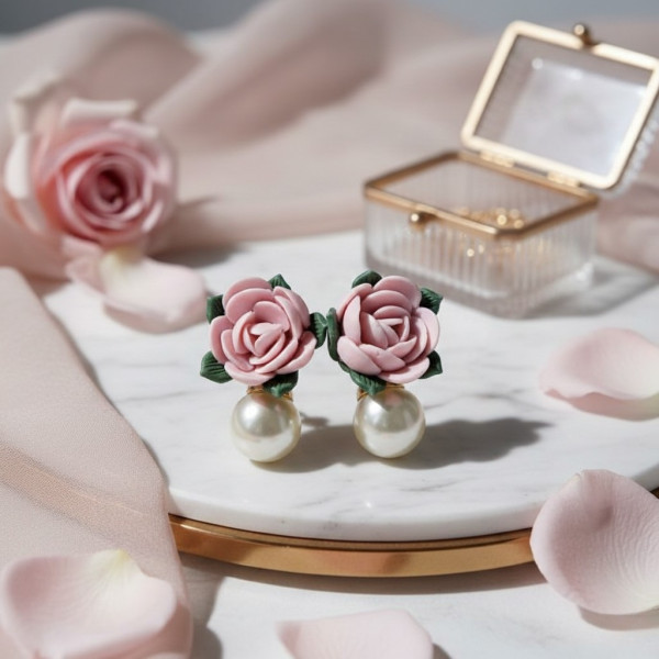 Малки дамски обеци с роза и перла  А82 1