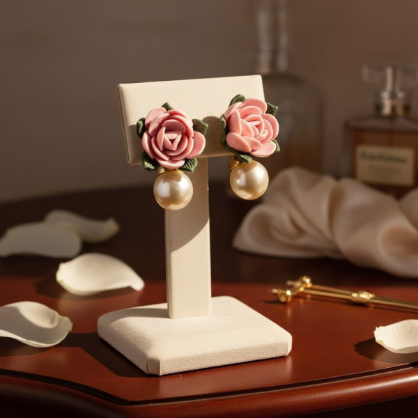 Малки дамски обеци с роза и перла  А82