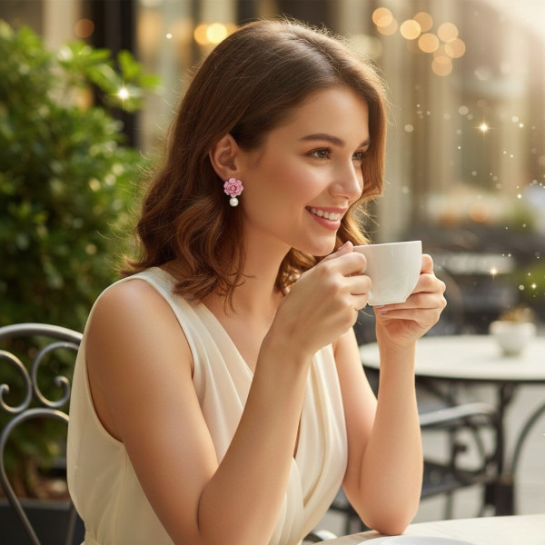 Малки дамски обеци с роза и перла  А82