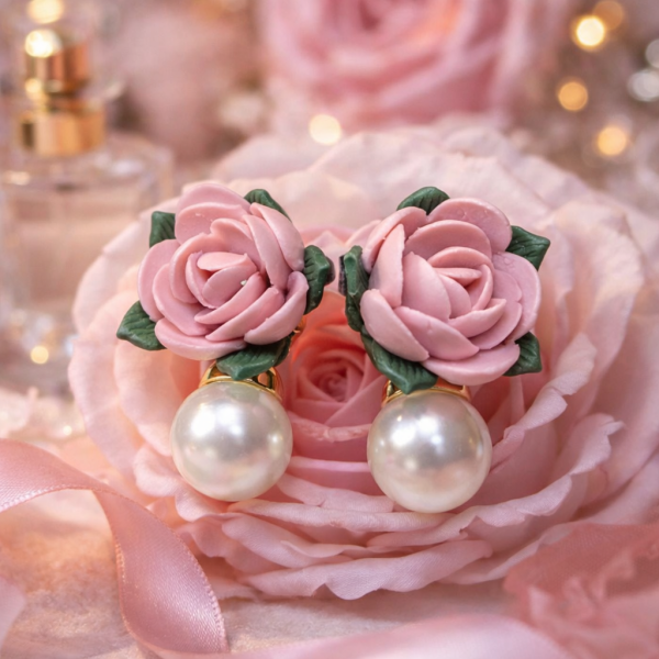 Малки дамски обеци с роза и перла  А82