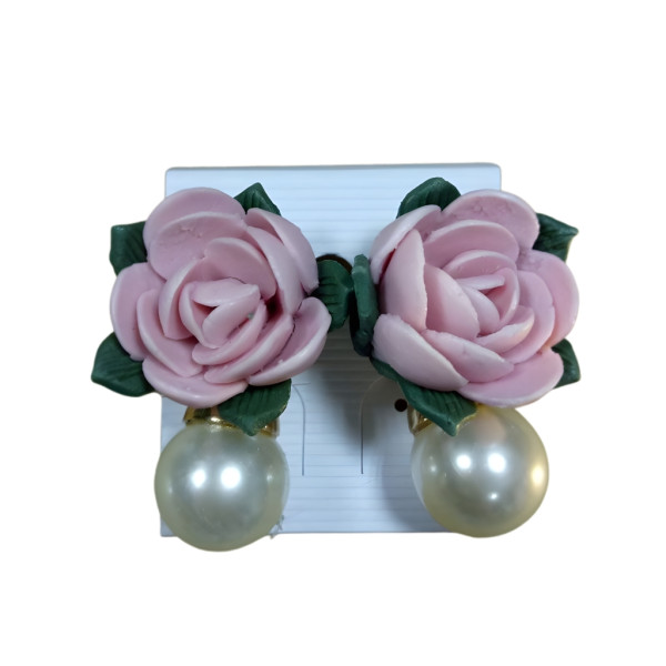 Малки дамски обеци с роза и перла  А82