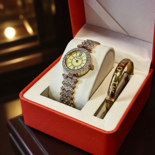 Луксозен дамски комплект елегантен часовник и нежна гривна