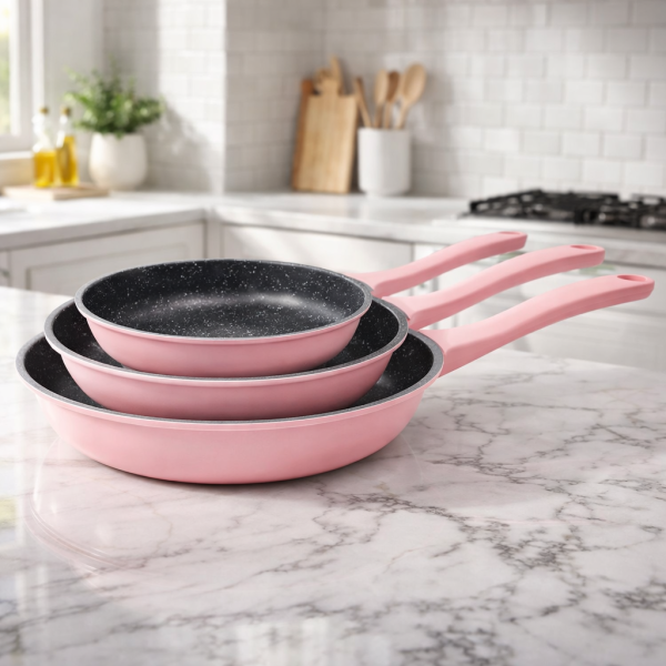 Комплект тигани Cheffinger  розово с мраморно покритие – 3 части за всяка кухня 6