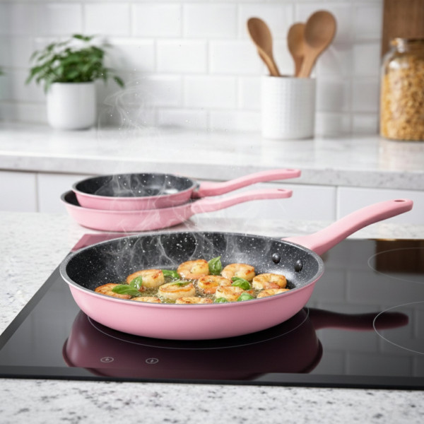 Комплект тигани Cheffinger  розово с мраморно покритие – 3 части за всяка кухня 7