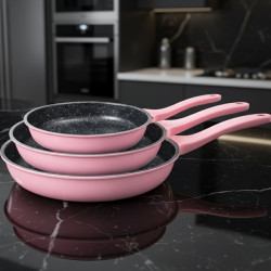 Комплект тигани Cheffinger  розово с мраморно покритие – 3 части за всяка кухня