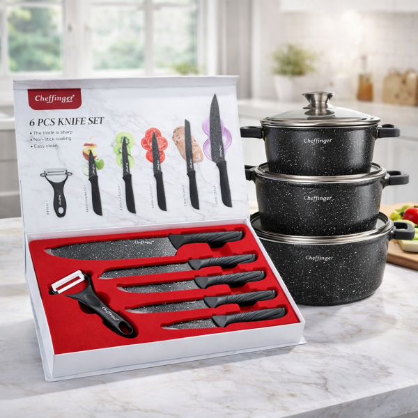 Комплект мраморни тенджери 6 части Cheffinger + ПОДАРЪК Ножове Cheffinger (6 части)