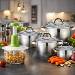 Комплект 4 тенджери от неръждаема стомана с индукционно дъно Cheffinger + ПОДАРЪК Ръчен чопър Cheffinger