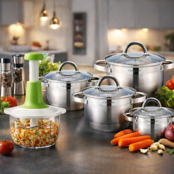 Комплект 4 тенджери от неръждаема стомана с индукционно дъно Cheffinger + ПОДАРЪК Ръчен чопър Cheffinger