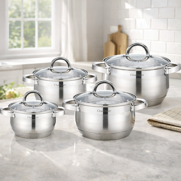 Комплект 4 тенджери от неръждаема стомана с индукционно дъно Cheffinger + ПОДАРЪК Ръчен чопър Cheffinger 2