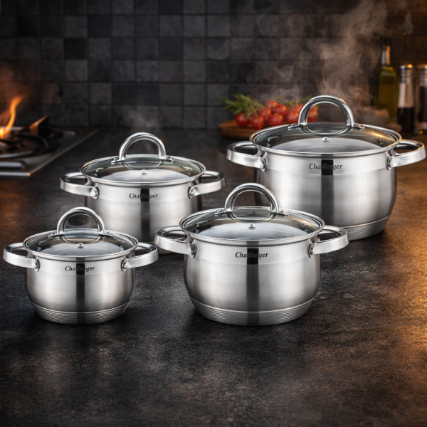 Комплект 4 тенджери от неръждаема стомана с индукционно дъно Cheffinger + ПОДАРЪК Ръчен чопър Cheffinger