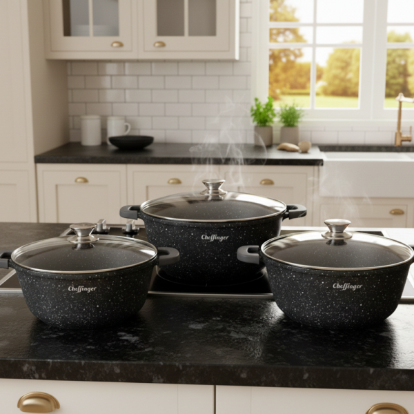 Комплект тенджери Cheffinger – 6 части с мраморно покритие, 20 / 24 / 28см
