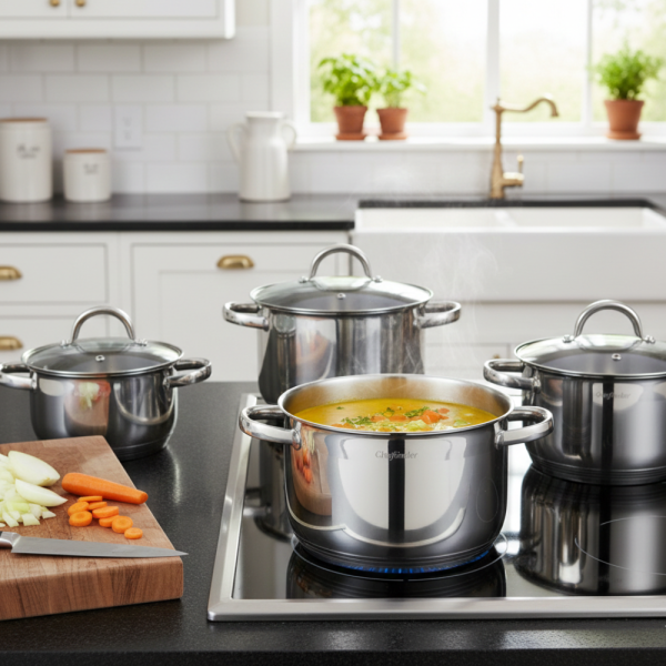 Комплект тенджери Cheffinger CF-SS8 – 8 части инокс с капаци, за всички видове котлони