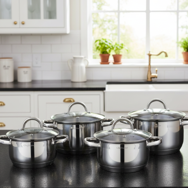 Комплект тенджери Cheffinger CF-SS8 – 8 части инокс с капаци, за всички видове котлони 1