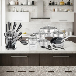 Комплект съдове за готвене 18 части + ПОДАРЪК Комплект ножове със стойка