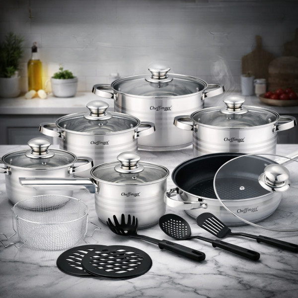 Комплект съдове за готвене 18 части + ПОДАРЪК Комплект ножове със стойка