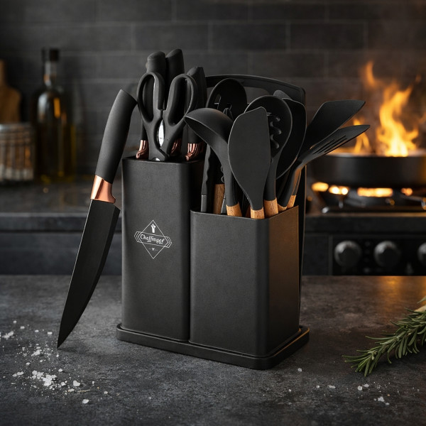 Кухненски комплект от 19 части Cheffinger - ножове, силиконови прибори, поставка и дъска за рязане 3