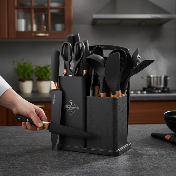 Кухненски комплект от 19 части Cheffinger - ножове, силиконови прибори, поставка и дъска за рязане 4