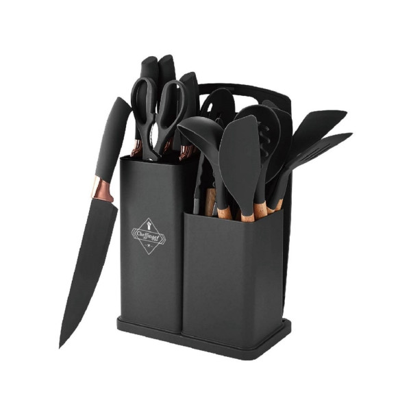 Кухненски комплект от 19 части Cheffinger - ножове, силиконови прибори, поставка и дъска за рязане
