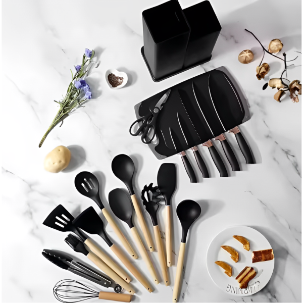 Кухненски комплект от 19 части Cheffinger - ножове, силиконови прибори, поставка и дъска за рязане