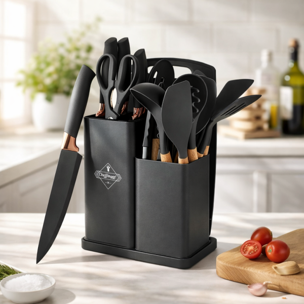 Кухненски комплект от 19 части Cheffinger - ножове, силиконови прибори, поставка и дъска за рязане 1