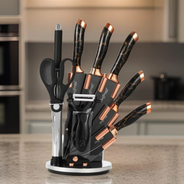 Комплект ножове Cheffinger – 9 части с мраморно покритие, стойка, точило и белачка