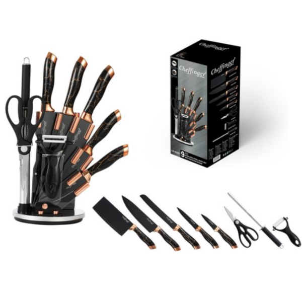 Комплект ножове Cheffinger – 9 части с мраморно покритие, стойка, точило и белачка