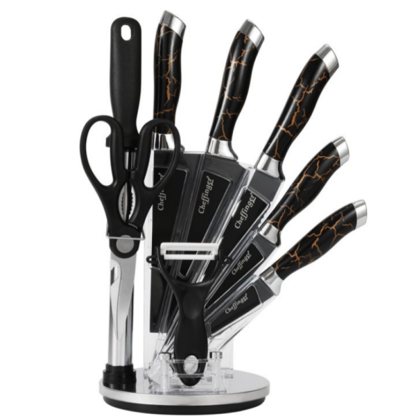 Комплект ножове Cheffinger – 9 части с мраморно покритие, стойка, точило и белачка