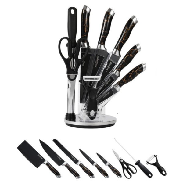 Комплект ножове Cheffinger – 9 части с мраморно покритие, стойка, точило и белачка