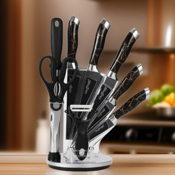 Комплект ножове Cheffinger – 9 части с мраморно покритие, стойка, точило и белачка