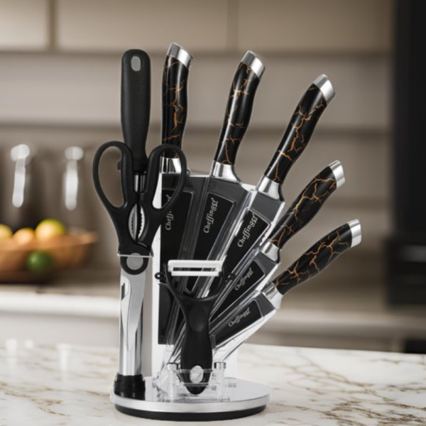 Комплект ножове Cheffinger – 9 части с мраморно покритие, стойка, точило и белачка