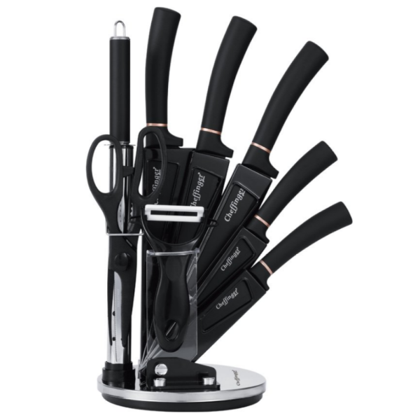 Комплект ножове Cheffinger – 9 части с мраморно покритие, стойка, точило и белачка