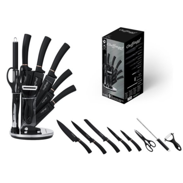 Комплект ножове Cheffinger – 9 части с мраморно покритие, стойка, точило и белачка 14