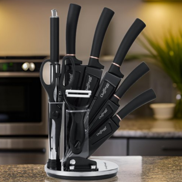 Комплект ножове Cheffinger – 9 части с мраморно покритие, стойка, точило и белачка 11