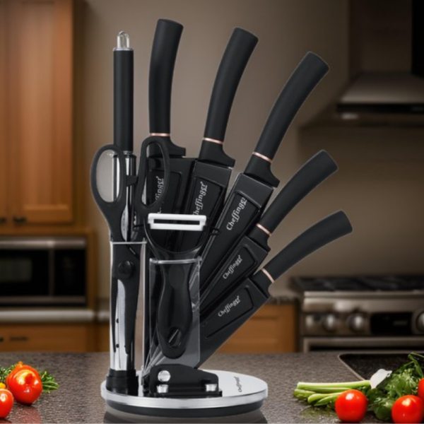 Комплект ножове Cheffinger – 9 части с мраморно покритие, стойка, точило и белачка