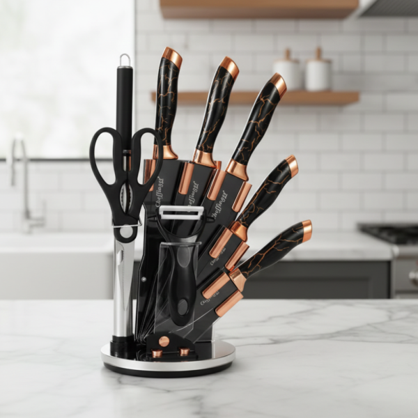 Комплект ножове Cheffinger – 9 части с мраморно покритие, стойка, точило и белачка