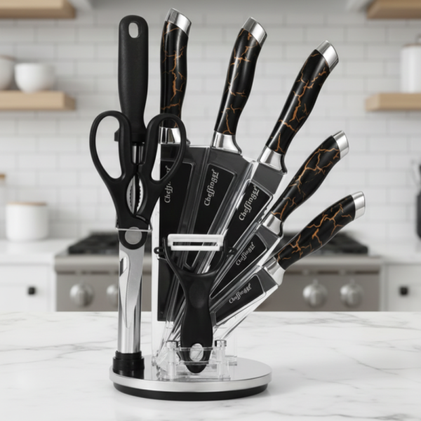 Комплект ножове Cheffinger – 9 части с мраморно покритие, стойка, точило и белачка 5
