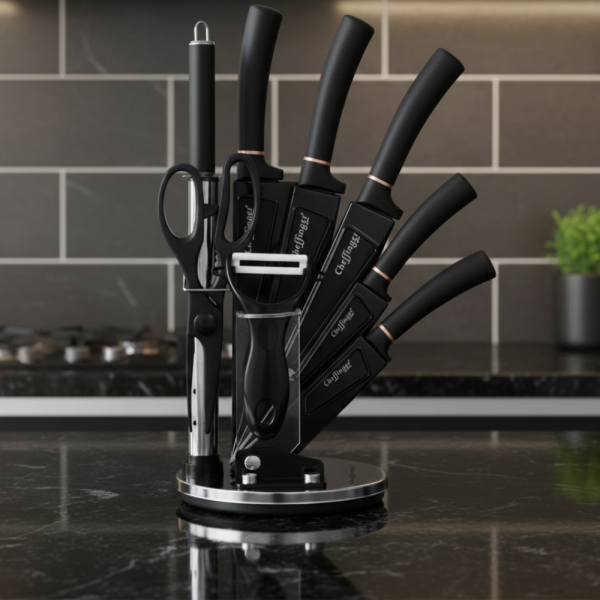 Комплект ножове Cheffinger – 9 части с мраморно покритие, стойка, точило и белачка 10