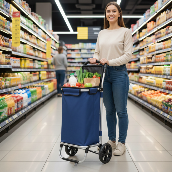 Количка за пазаруване в син цвят – 40 л, водоустойчива, лека и удобна с 2 колела 1