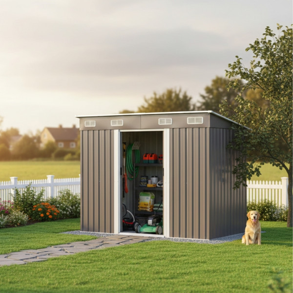 Метална градинска къща за инструменти с вентилация и заключване - 238 × 126 × 181 см