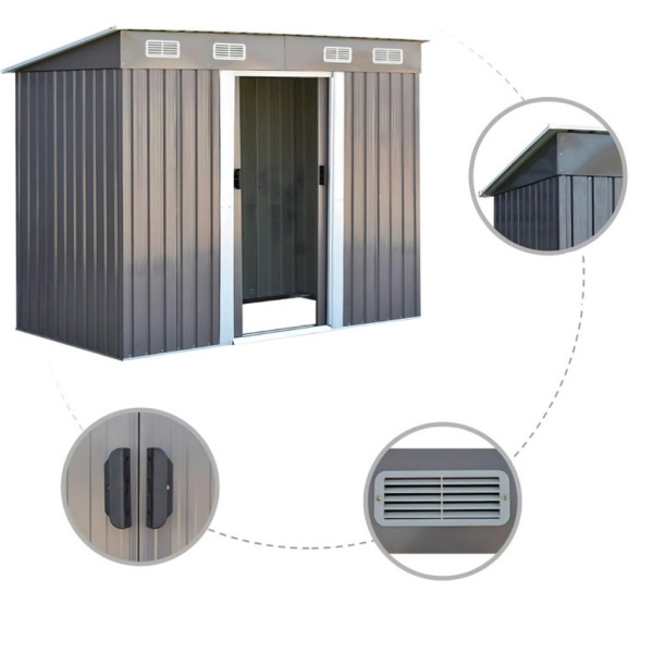 Метална градинска къща за инструменти с вентилация и заключване - 238 × 126 × 181 см