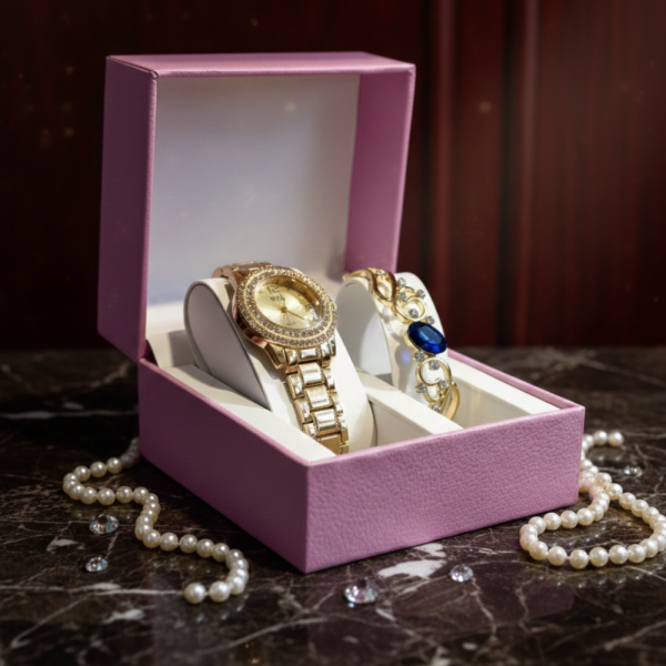Луксозен дамски комплект – елегантен часовник и изискана гривна със скъпоценни камъни