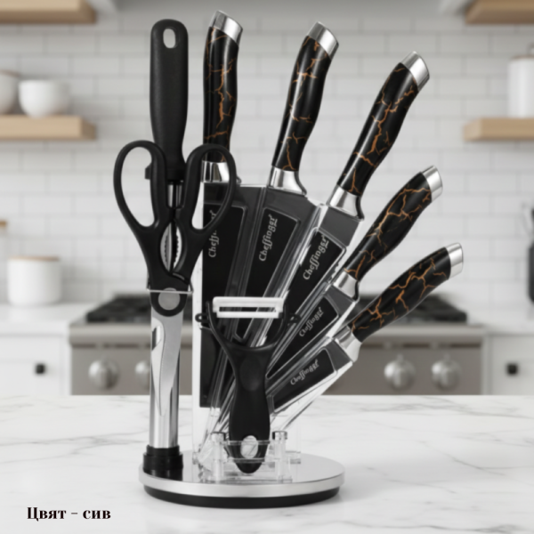 Комплект ножове Cheffinger – 9 части с мраморно покритие, стойка, точило и белачка 15