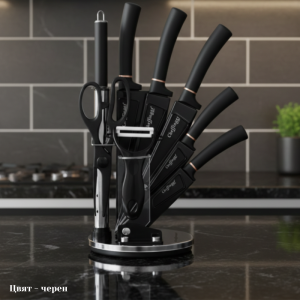 Комплект ножове Cheffinger – 9 части с мраморно покритие, стойка, точило и белачка 16