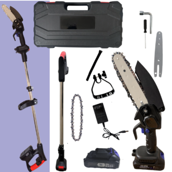 Акумулаторен мини верижен трион с телескопичен прът 21V – комплект за безопасно рязане на клони и дърва 4