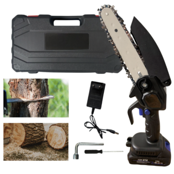 Акумулаторен мини верижен трион с телескопичен прът 21V – комплект за безопасно рязане на клони и дърва 5