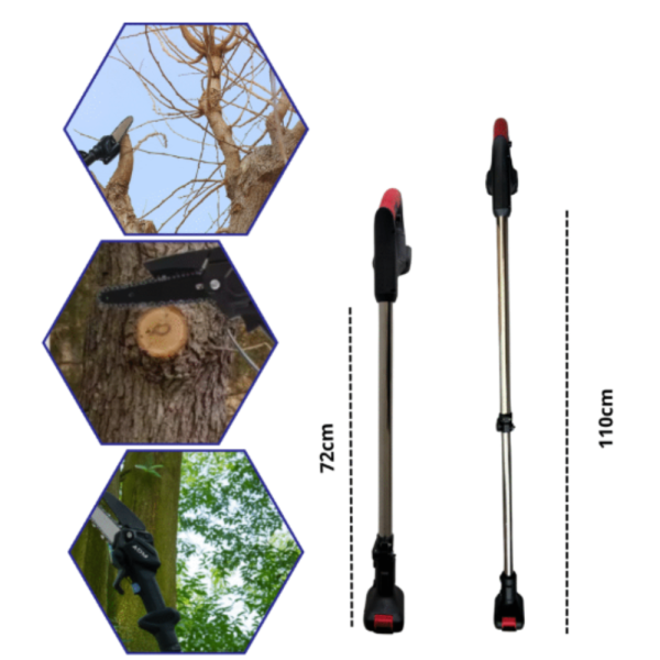 Акумулаторен мини верижен трион с телескопичен прът 21V – комплект за безопасно рязане на клони и дърва 6