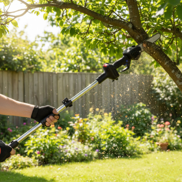 Акумулаторен мини верижен трион с телескопичен прът 21V – комплект за безопасно рязане на клони и дърва 2