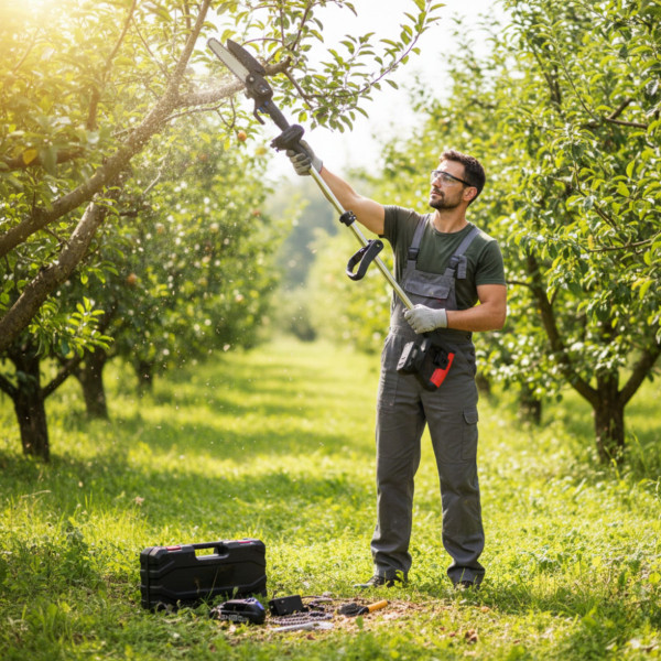 Акумулаторен мини верижен трион с телескопичен прът 21V – комплект за безопасно рязане на клони и дърва 1